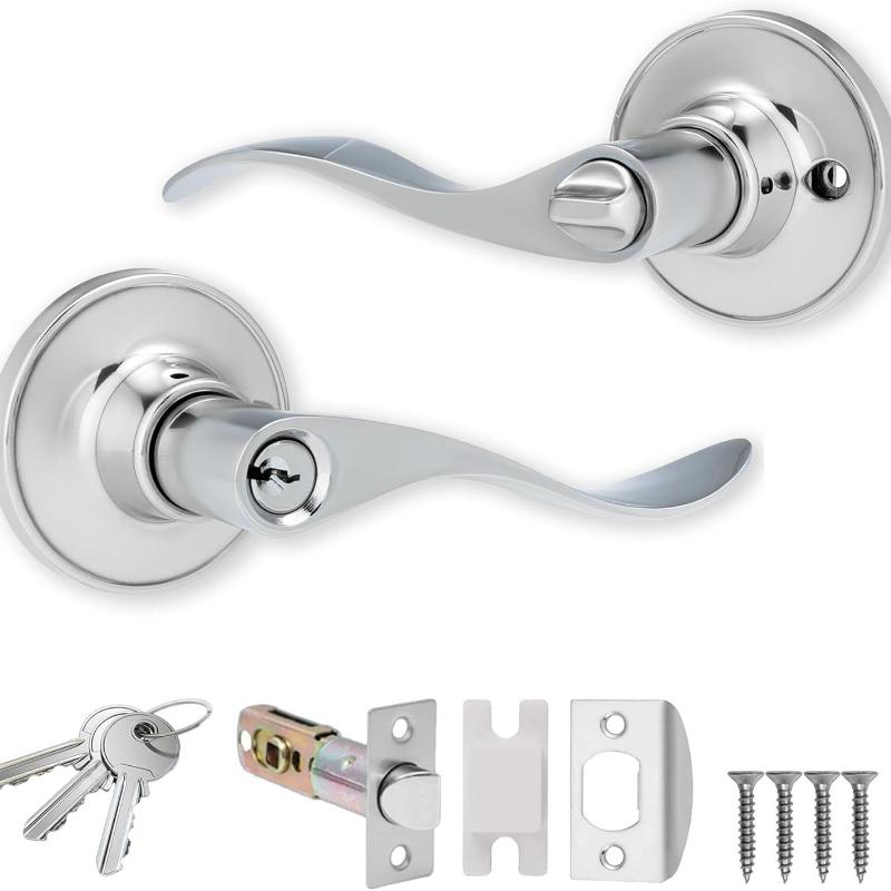 

Entrance Knob Set Polished Chrome, Door Knob with Lock for Internal Wooden Doors, Complete Set with Tubular Latch and 3 Keys срібний