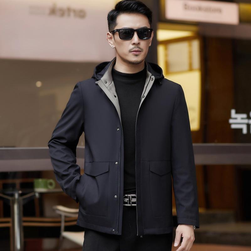 Spring and Autumn Hooded Mulberry Silk Jacket Men's Middle-aged Business Casual Thin Top Mid-Length Dad's Clothing Men's Jacket