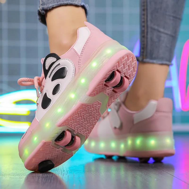Kid Sneakers Luminous Removeable 4 Wheels Roller Skates USB Charge Wing Panda Sport Casual Skateboard Shoes Girls Boys Skates