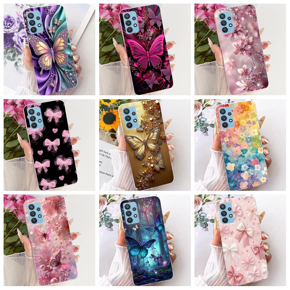 For Samsung Galaxy A32 4G 5G Samsung A33 5G A325F Phone Case Bow Pattern Colorful Butterfly Flower Soft Clear Silicone Casing