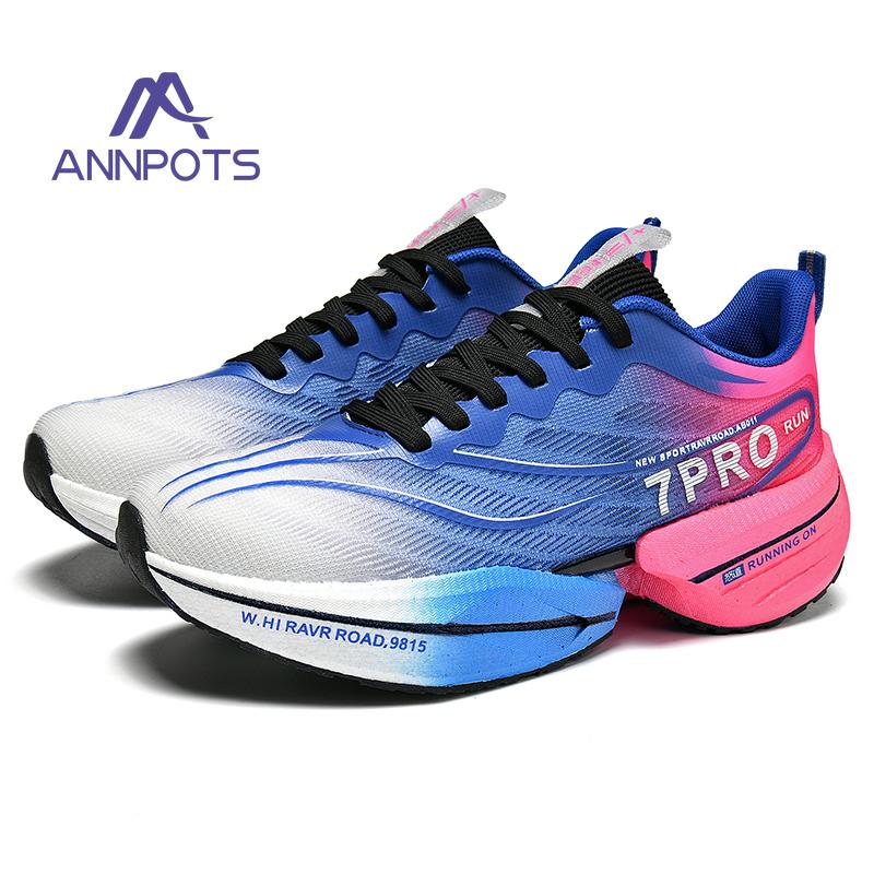 

New Male Carbon Plate Sneakers Professional Running Shoes Women Outdoor Marathon Soft Soled Anti Slip Light Sport Training Shoes 45 синий