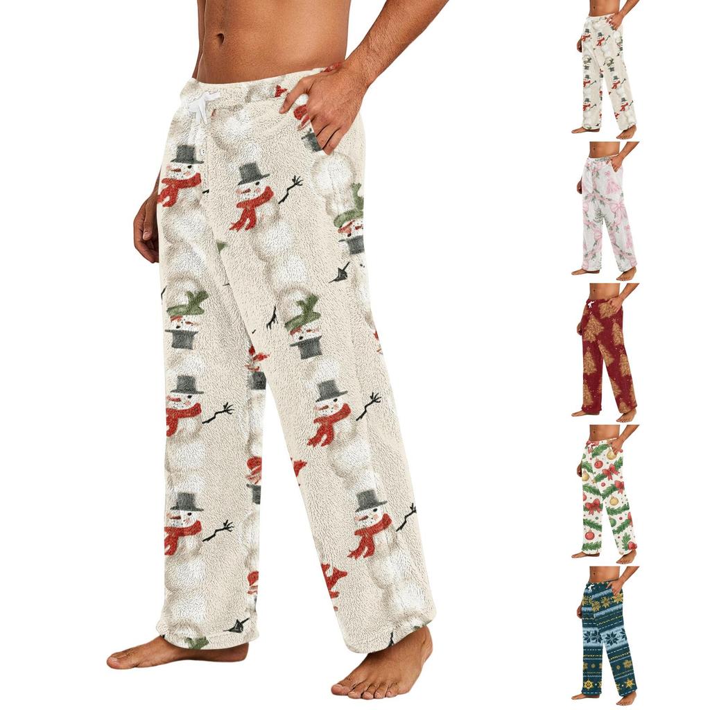 Men's Casual Christmas Print Plush Pajama Pants Sleepwear for Holiday