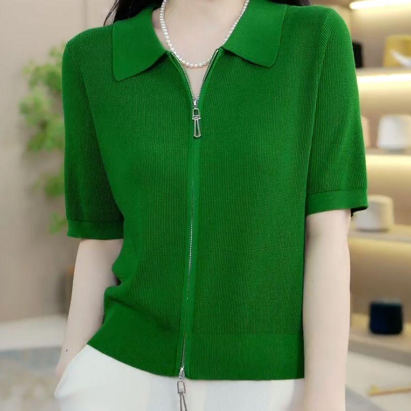 Ice Silk Polo Neck T-shirt Short Sleeve New Fashionable Fashionable Shoulder Zipper Belly-covering Short Lapel Top