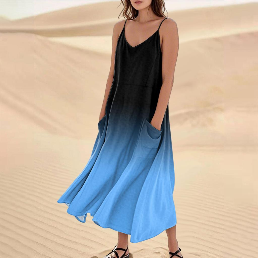 Women's Casual V Neck Gradient Print Sleeveless Pocket Suspender Dress