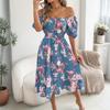 Women's Fashionable Floral Print Off Shoulder Short Sleeved Ruffle Edge Holiday Beach Loose Dress