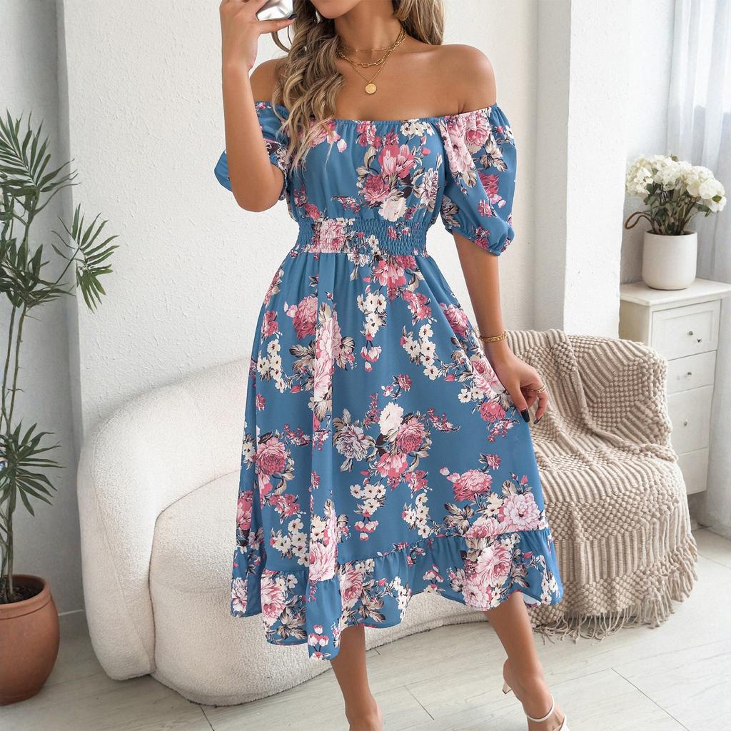 Women's Fashionable Floral Print Off Shoulder Short Sleeved Ruffle Edge Holiday Beach Loose Dress