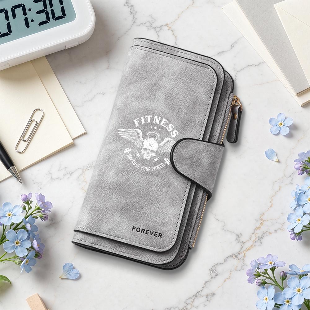 Fitness Skull Leather Wallet Large Capacity Multi Slot Casual Purse for Daily Use