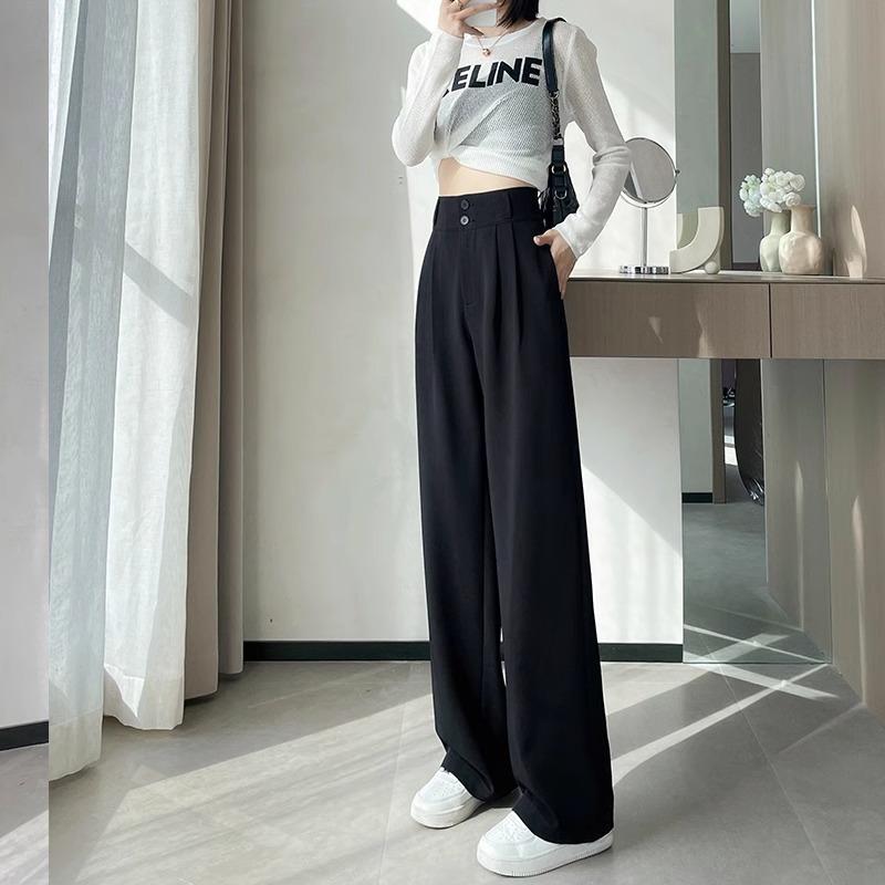 Black wide-leg pants summer women's thin sunscreen lazy wind small man straight high waist pendant feeling ice silk suit pants
