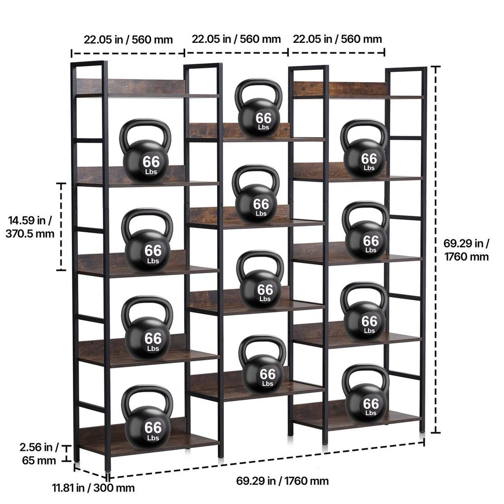 Metal Bookshelf Rustic Bookshelf 14-Tier for Living Room Bedroom & Office