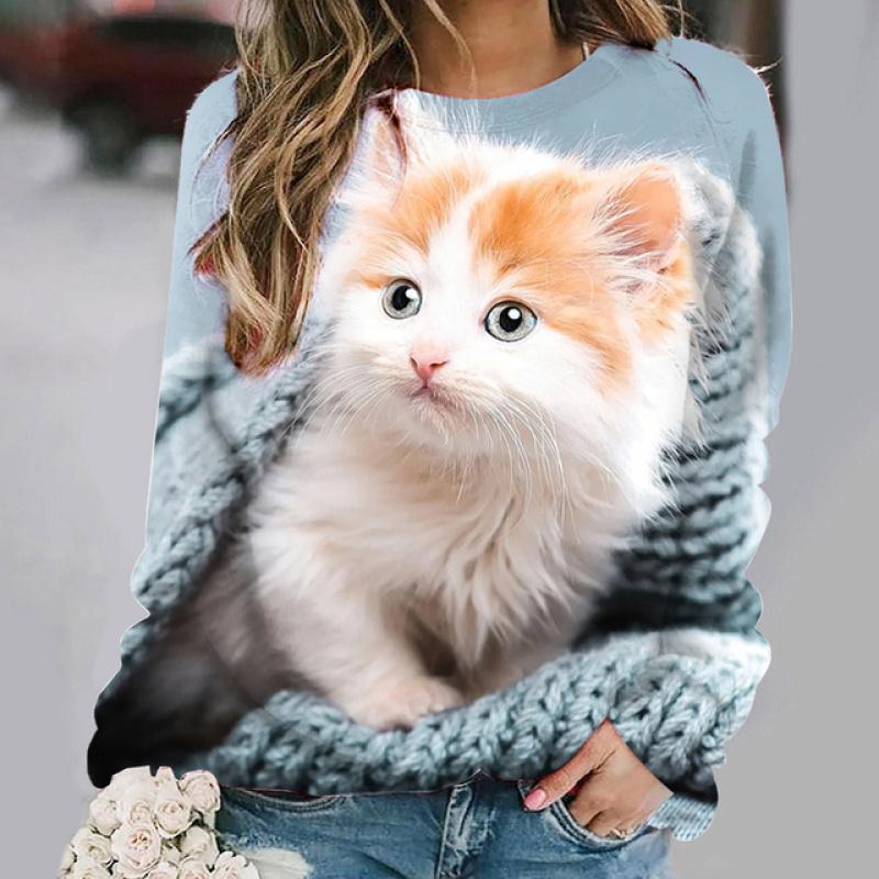 Kadın kazak moda O boyun uzun kollu tişört gevşek taklit pamuklu giysiler kadın rahat sevimli kedi T Shirt kızlar için sokak