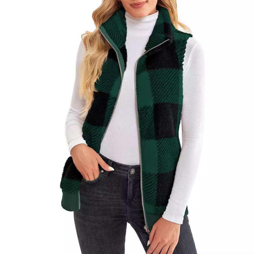 Women's Stand Collar Sleeveless Plaid Fleece Vest Loose Fit Casual Zip Up Gilet Outerwear