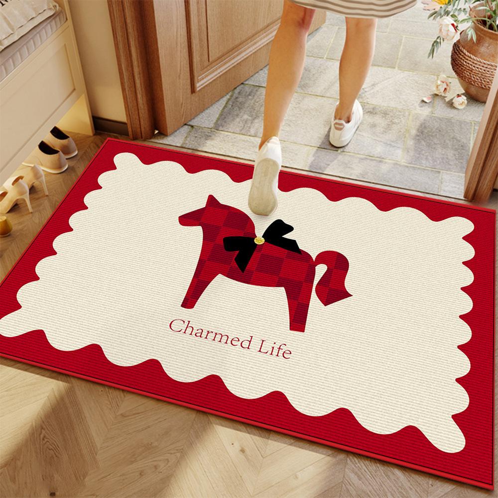 Red Cartoon Horse Welcome Doormat, Non‑Slip Anti‑Dirt Floor Mat, Vintage Cute Animal Print Entrance Rug, Decorative Carpet For F