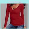 T-shirt Versatile Monocolore con Scollo a V e Maniche Lunghe per Autunno e Inverno