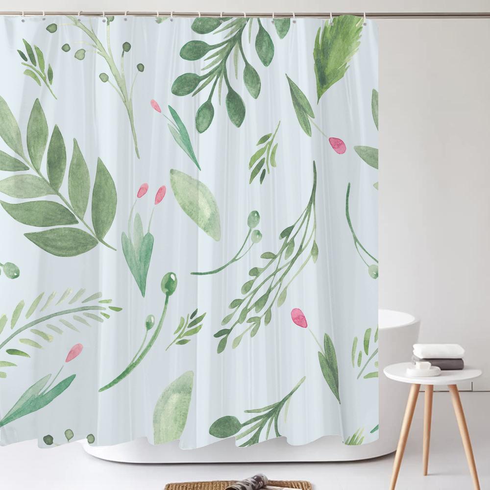 Grüne Pflanze Blatt Blume Duschvorhang, Moderner Nordic Minimalistischer Duschvorhang Polyester Stoff Badezimmervorhang für Badezimmer Dekor