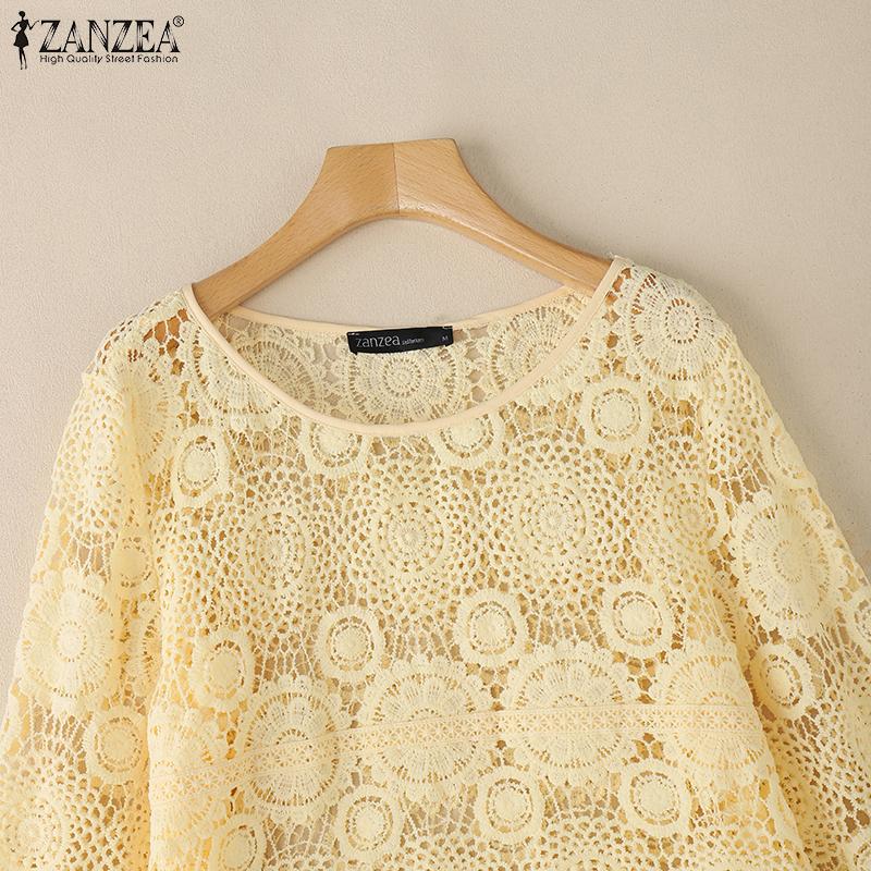 ZANZEA Womens Summer Long Sleeve Hollow Out Lace Crochet Cover Up Blouse