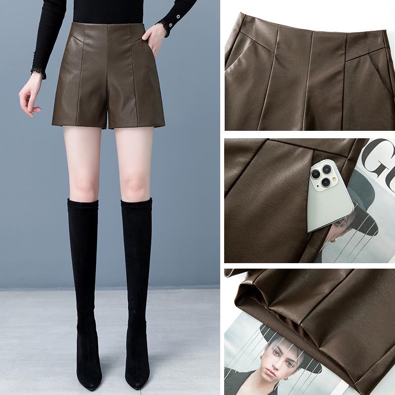 New Women's High-Waist Leather Bootcut Shorts - 2025 Autumn/Winter Sheepskin Outerwear