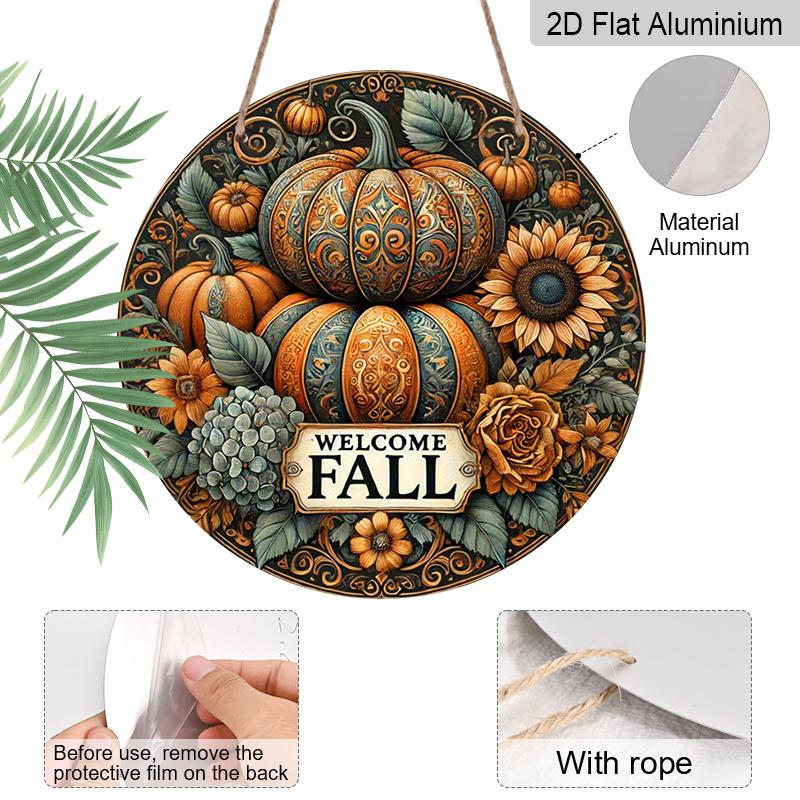 2D Flat, 1pc Vintage Autumn Harvest Metal Wall Sign - Fall Welcome Plaque with Corn, Wheat & Grain Stalks, Aluminum Outdoor/Indoor Decor Suitable for