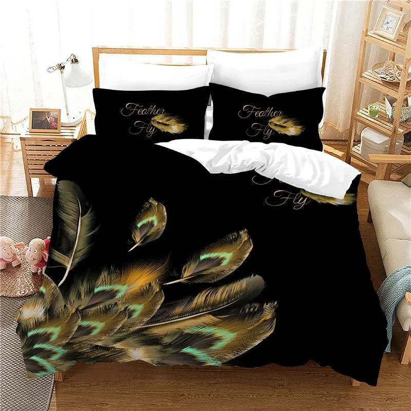 Comforter Print Leaves Bird Feathers Bed Sets Queen Size 100% Polyester Bedclothes 3Pcs Whole Set Peacock Bedding Set Bedroom