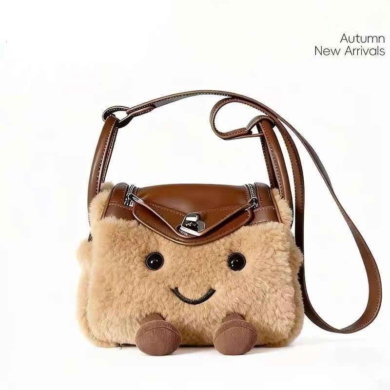 

Ins Sweet Lovely Plush Handbag Women Brown Cartoon Large Capacity Shoulder Bag Ladies Patchwork Crossbody Bag Winter New Arrival 20x13x9cm коричневий