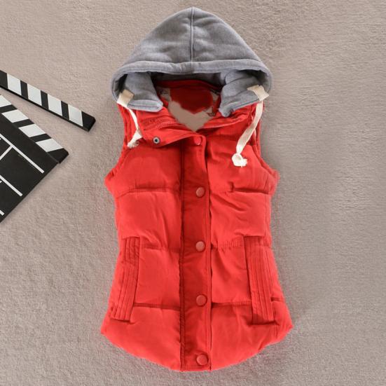 Women Autumn Winter Color Block Sleeveless Hooded Waistcoat Warm Thick Vest Coat