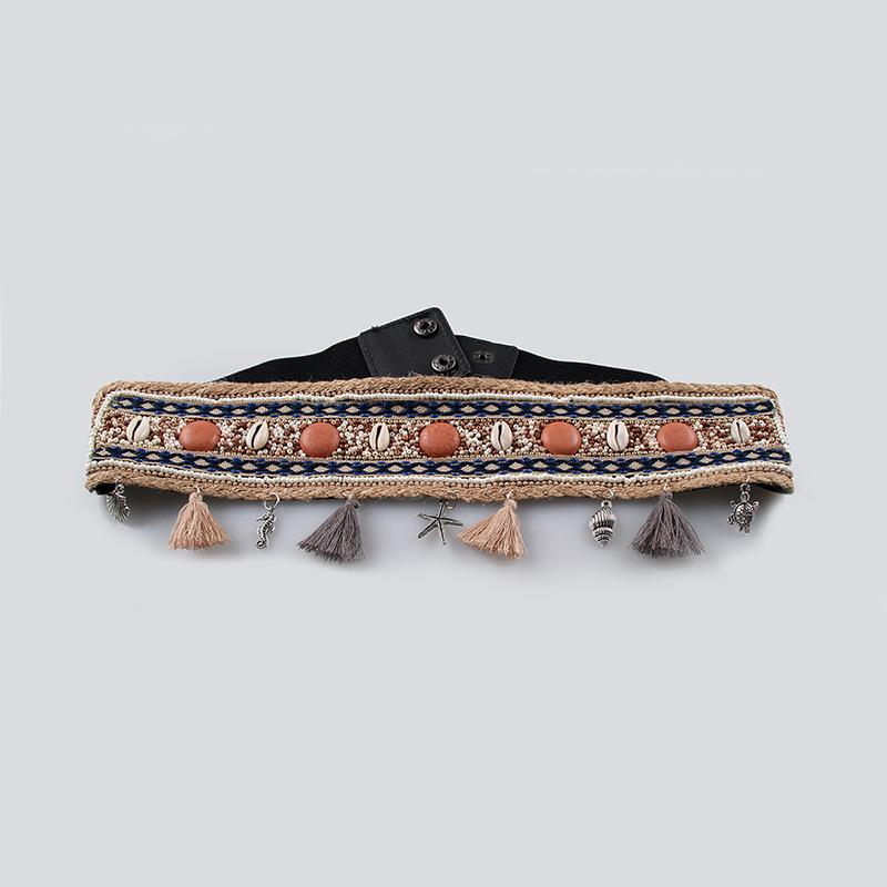 European and American Women's Shell Neptune Pearl Elastic PP Grass Hemp Rope Waist Belt Wide Waist Seal European and American Style