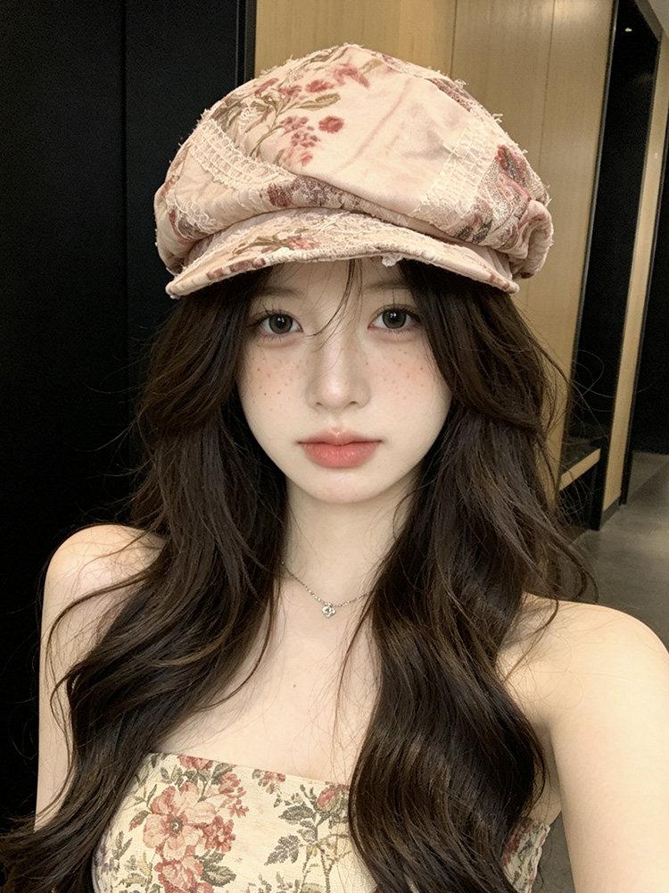 Vintage Floral Lace Newsboy Cap Women Spring Summer Breathable Ruffled Beret Retro Casual Fashion Headwear Beret
