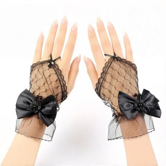 Women Lace Gloves Fingerless Mesh Gloves with Bow Embellishment for Wedding Princess Style Stage Performance Ballet Party Cosplay Bridal Accessories