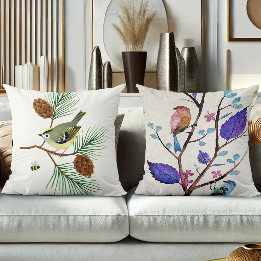 Colorful Bird And Plant Pattern Decorative Cushion Covers Polyester Pillowcase, Sofa Decorative Cushion Cov Headboard Pillow