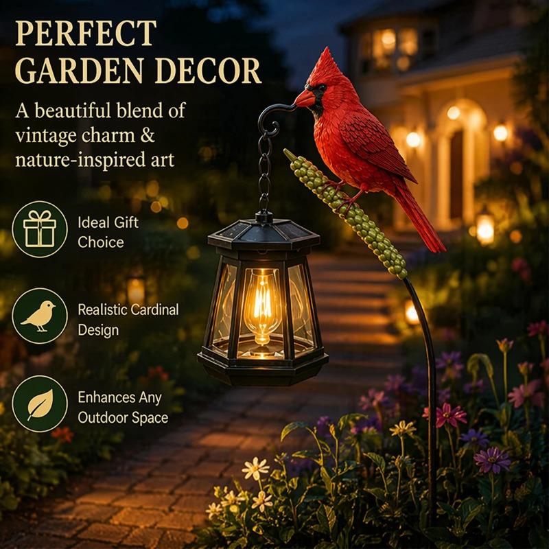 Solar Cardinal Redbird Outdoor Lanterns Metal Garden Stake Lights Waterproof LED Decorative Landscape Lamp for Patio Lawn Yard Art & Gift