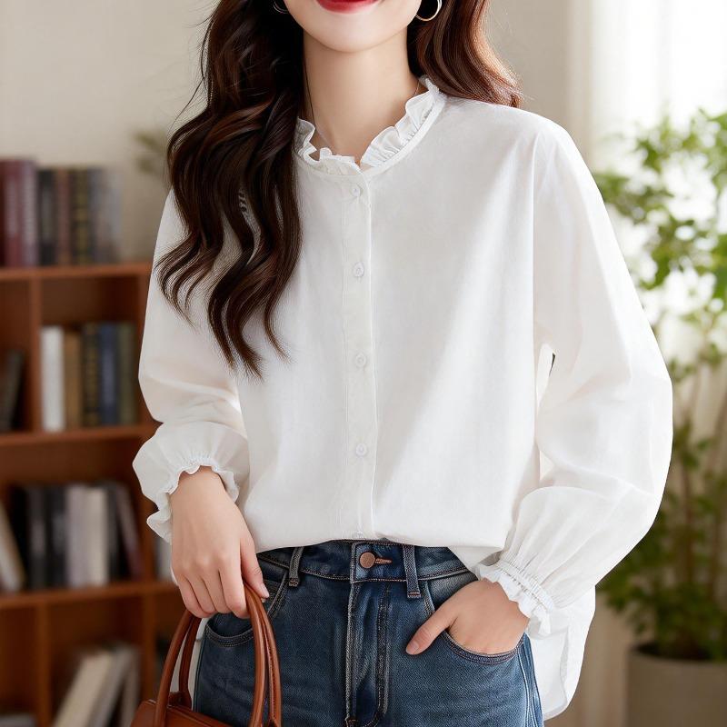 

Fungus collar white shirt women s long-sleeved spring clothes new loose casual inner top women s pure cotton shirt One size fits all белый
