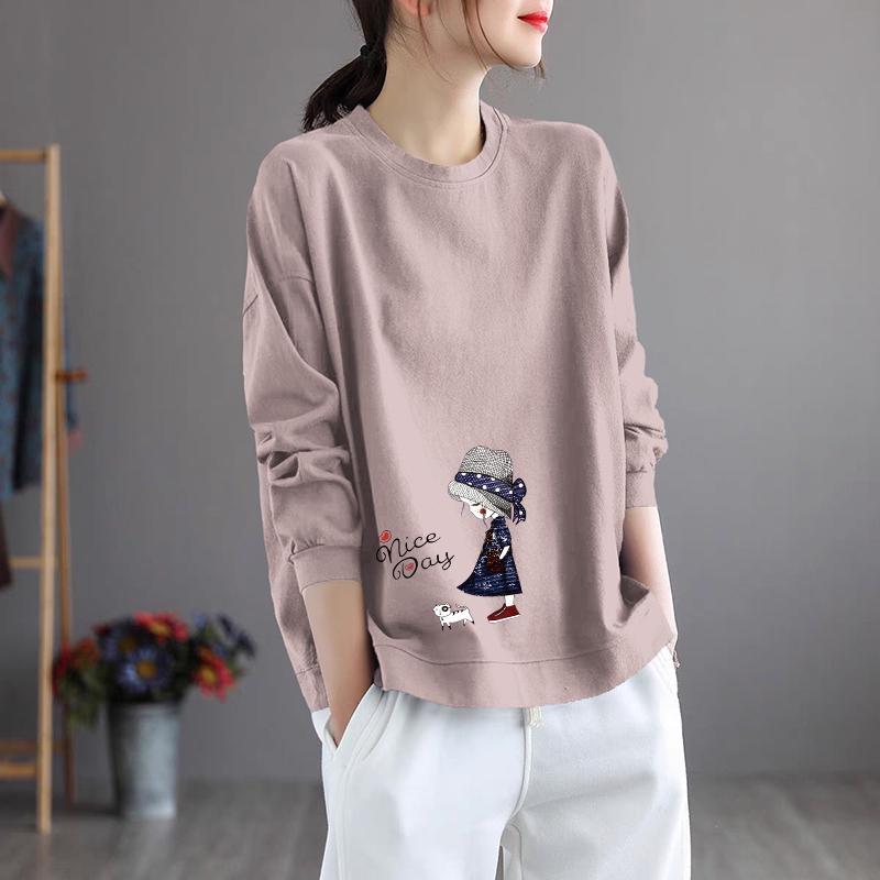 Brand Women's Plus Size Long Sleeve Printed Cotton Top – Round Neck, Casual Style