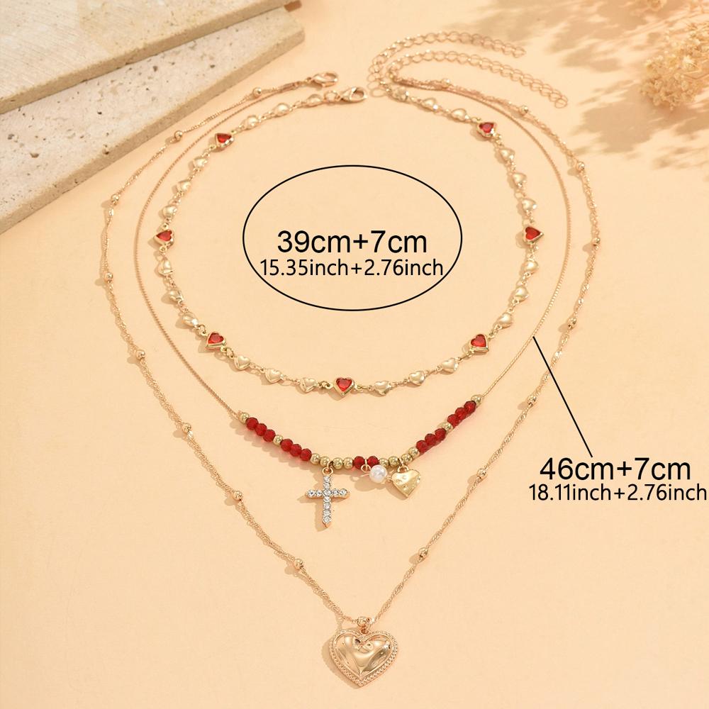 3Pcs Dainty Gold Tone Stackable Necklace Set Red Enamel Heart Crystal Cross Locket Pendant Y2K Aesthetic Jewelry For Women 39cm 46cm