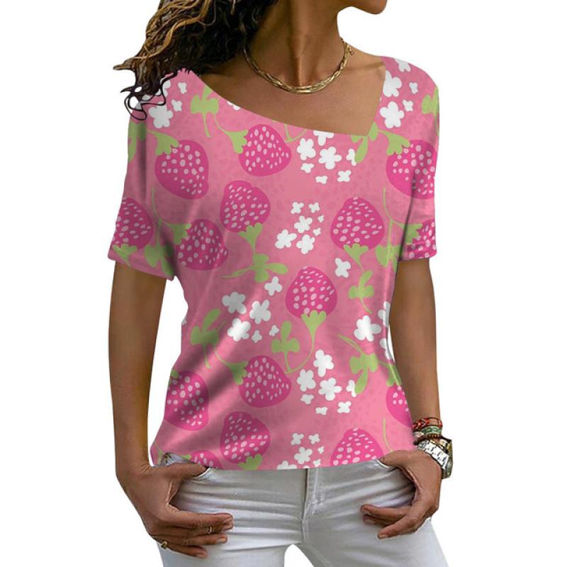 Ladies Fashion Casual Loose Pullovers Tee Shirts Summer 3d Pineapple Printed Women's Short Sleeves V-Neck Diagonal Collar Tops