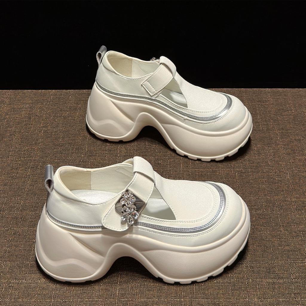 Soft Leather Thick Sole Heightening Leather Surface Single Shoes In the Autumn of 2025 New Breathable Slope Heel Casual Hollow White Shoes Women's Sh