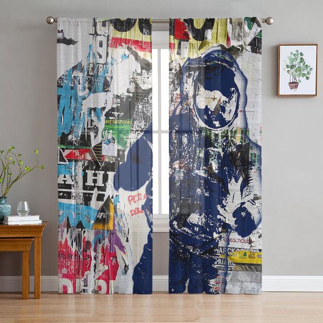 Vintage Old Newspaper Graffiti Tulle Curtains For Living Room Bedroom Decoration Chiffon Sheer Voile Kitchen Window Curtain