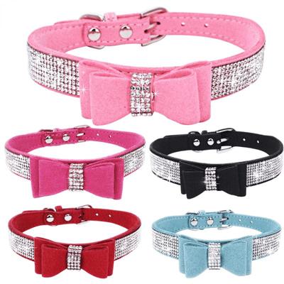 Schleife Haustierhalsband Glänzender Strass Katzenhalsband Leine Kleines Hundehalsband aus Poly-Urethan-Leder