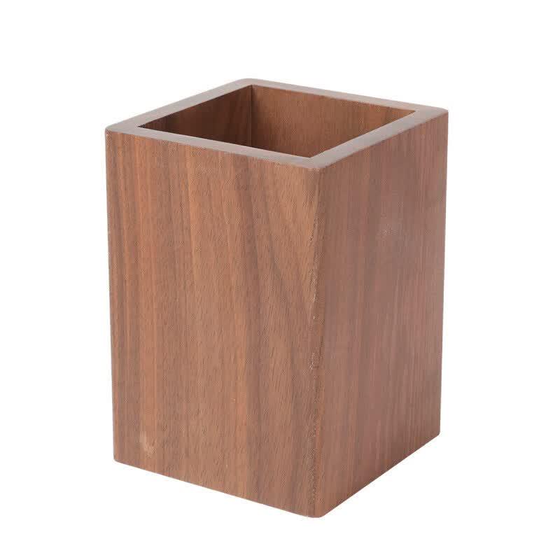 Black Walnut Wooden Square Desk Pen Holder