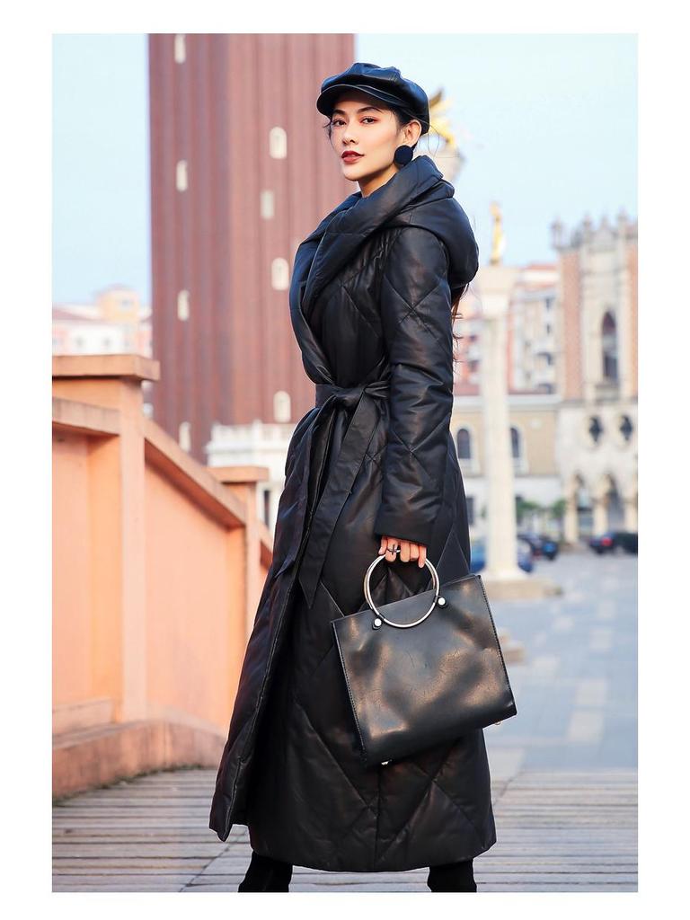 European & American 2025 Winter Sheepskin Leather Down Jacket: Women's Extra Long Thick Hooded Coat