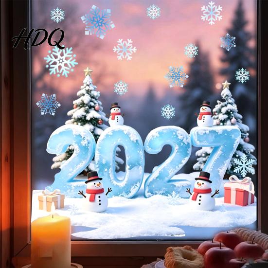 Removable New Year Decals 2027 Christmas Winter Window Cling Static Sticker with Snowman PVC Tree Snowfalke Waterproof Glass Door Decal