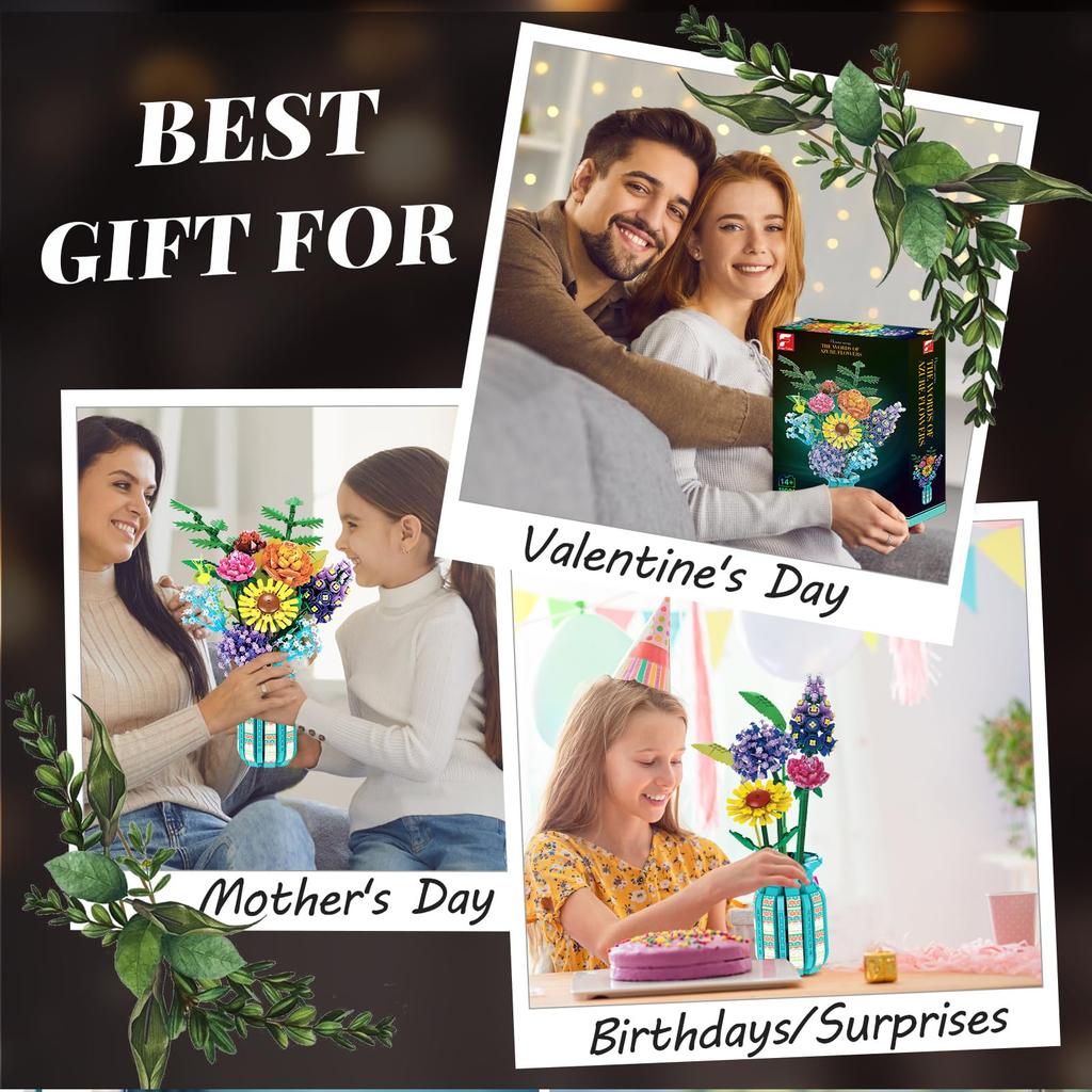 Bukiet Kwiatów Zestaw Klocków do Budowania z Wazonem Model Słonecznika Róży Klocki Kreatywna Dekoracja Domu Zabawki DIY dla Dzieci Prezenty Świąteczne