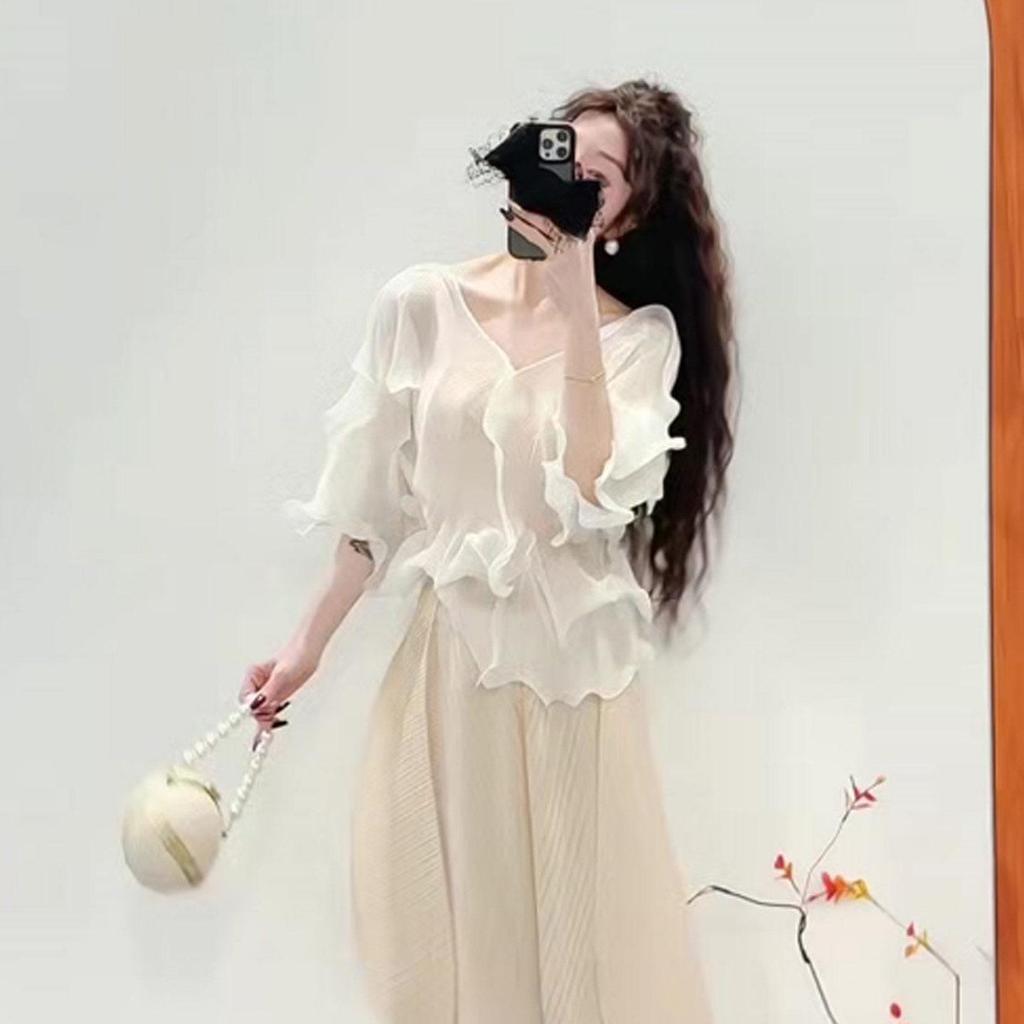 Miyake Pleats V-neck Lace Korean Top & Elegant Long Skirt Set