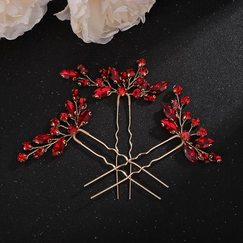Teyglen 3pcs Crystal Bride Wedding Hair Pins Bridal Red Rhinestone Hair Pins Set Handmade Blue Black Red Crystal Hair Pieces Wedding Hair Accessories