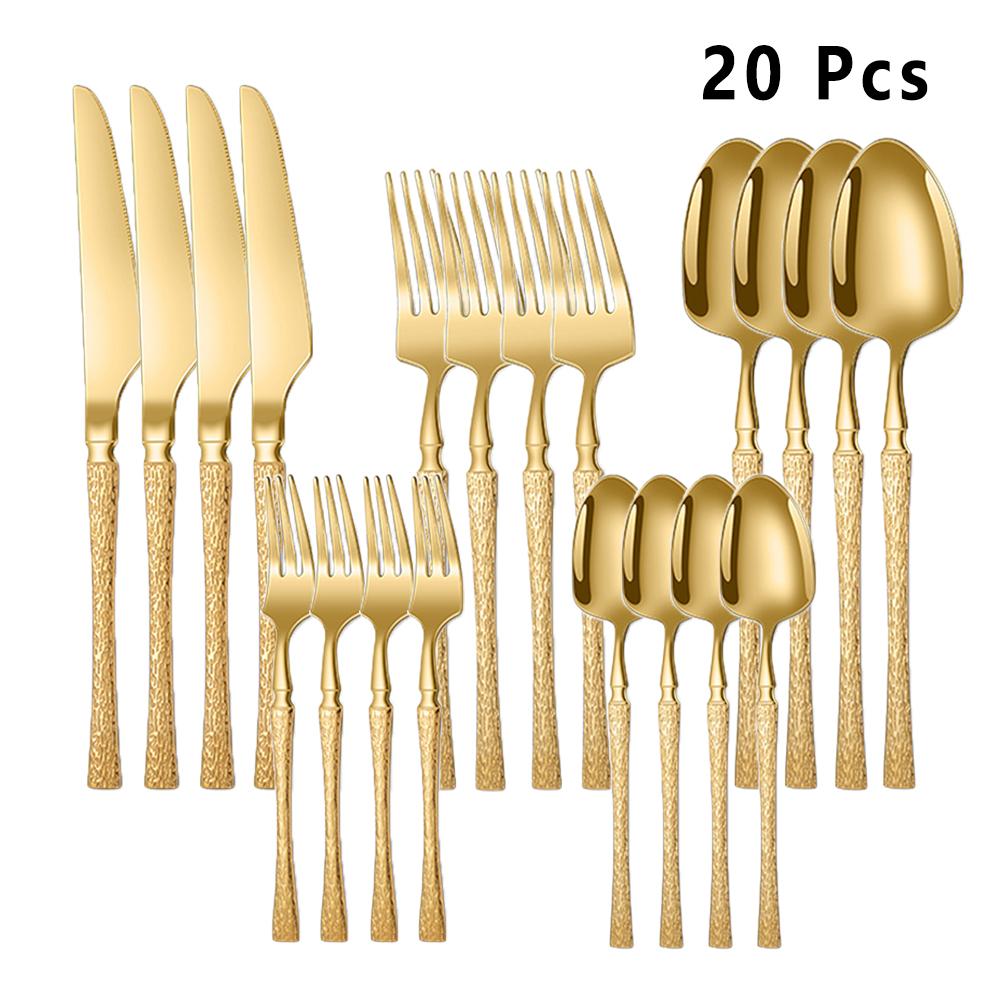 20/30pcs Dinnerware Set Stainless Steel Tableware Hammer Pattern Handle Knife Fork Coffee Spoon Flatware Dishwasher Safe Cutlery
