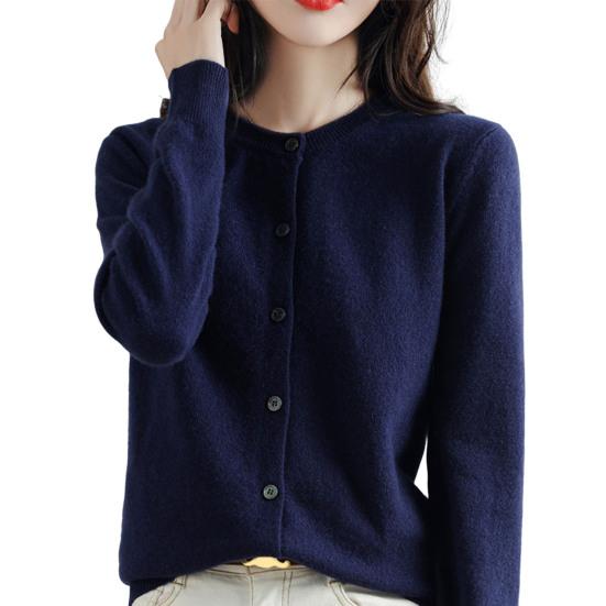 Women Knitted Sweater Coat Round Neck Long Sleeve Single Breasted Solid Color