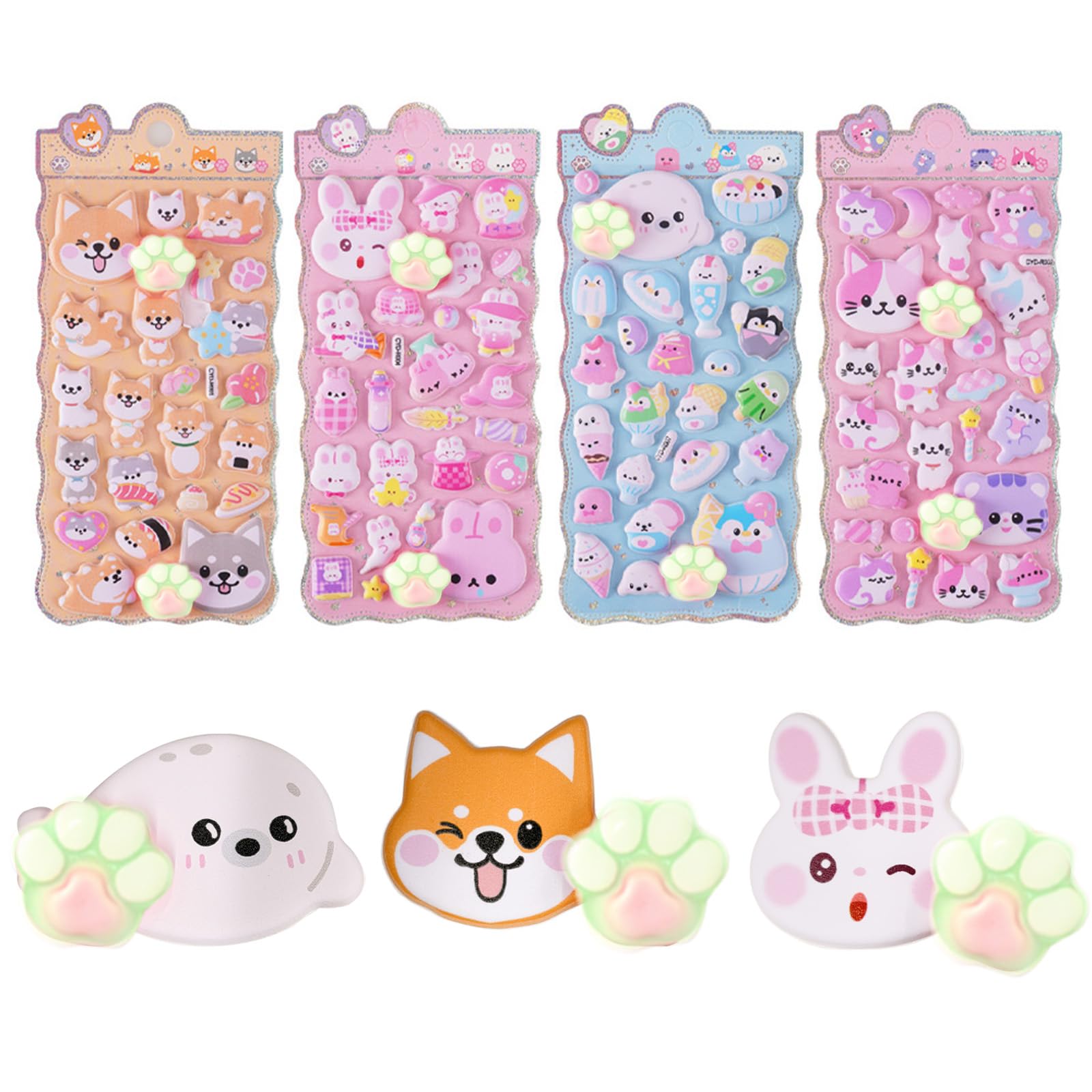 

Being Puni Puni Stickers 4 Sheets Set Cute Butt Character 3D Marshmallow Fluffy Squishy Sushi and Animal Designs