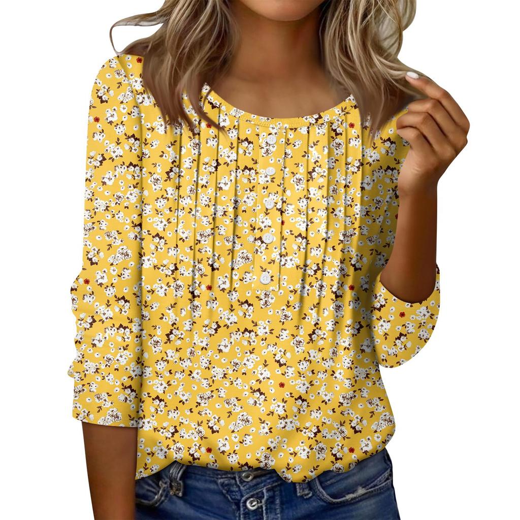 Women's Round Neck Pull Stripe Decorative Button Top Casual Solid Color 3/4 Sleeve T Shirt