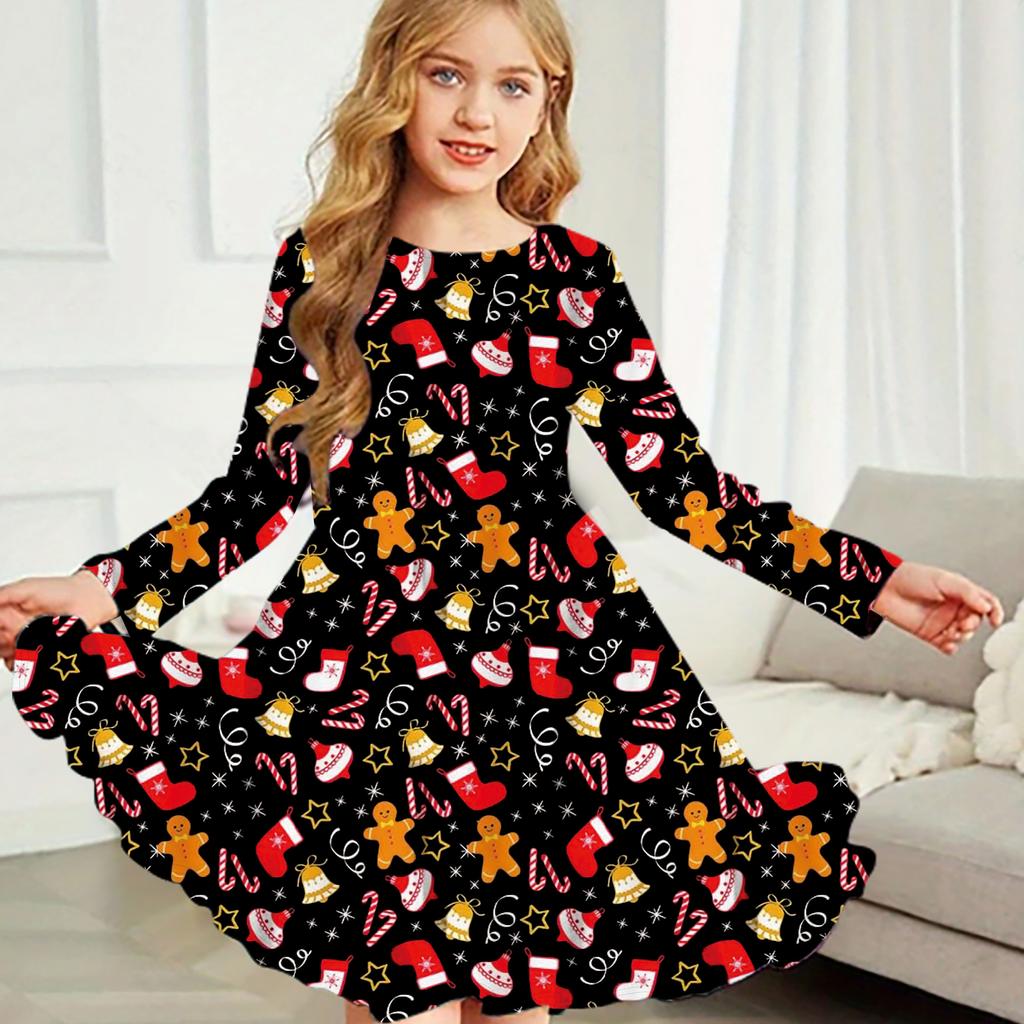 Girl Casual Christmas Small Items Print Round Neck Long Sleeve Dress Kid Princess Dress
