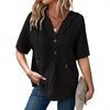 Womens Summer Waffle Knit Short Sleeve Hooded V Neck Button Drawstring Loose Shirt