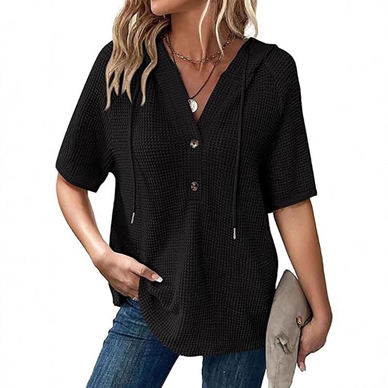 Womens Summer Waffle Knit Short Sleeve Hooded V Neck Button Drawstring Loose Shirt