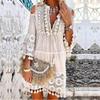 Vestido Mini Boho de Encaje con Escote en V y Borlas de Manga Tres Cuartos para Mujer